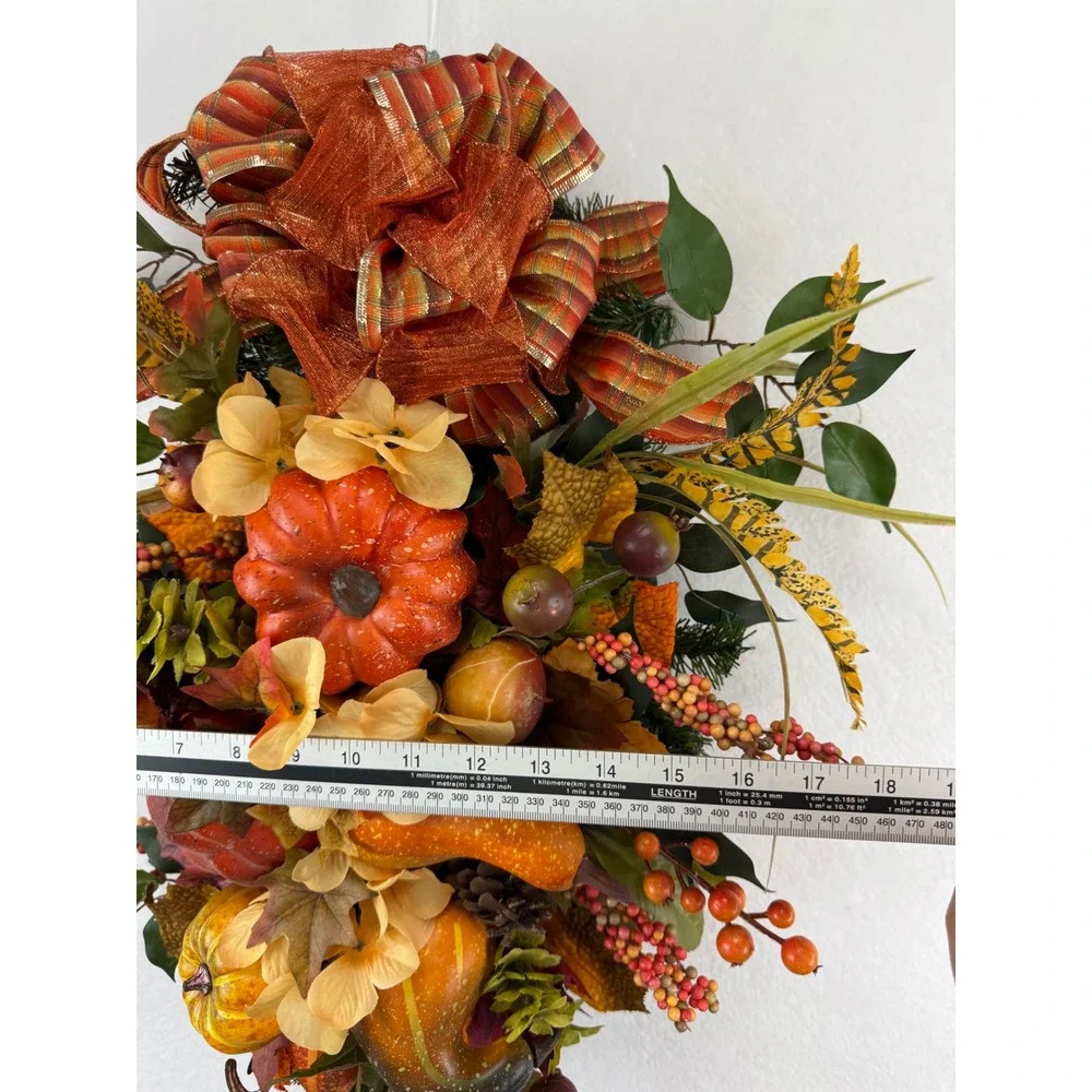 Fall Harvest Pumpkin Gourd Floral Swag Wreath Orange Plaid Bow Autumn Decor
